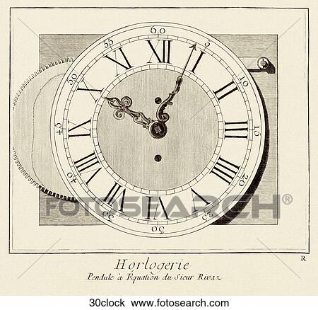 Antique Engraving of a Clock Face, 1762-1776 View Large Illustration Drawing - Antique Engraving of a Clock Face, 1762-1776. Fotosearch