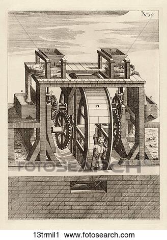 Clip Art - Antique Illustration (copper engraving) of a Seventeenth Century Tread-Mill, or a Double Flour Mill operated by two men., 1662. Fotosearch