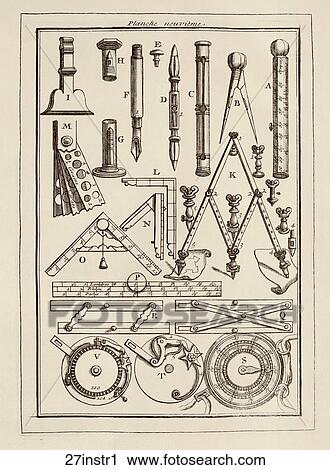 Clip Art - Antique Illustration (copper engraving) of small mathematical office tools including pens, compasses and calipers, 1752. Fotosearch