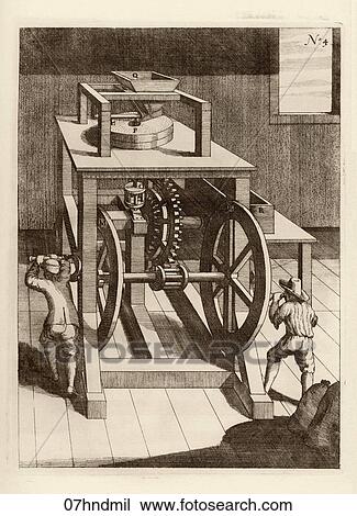 Drawing - Antique Illustration (copper engraving) of an Elaborate Seventeenth Century Hand-Mill for Grinding Wheat (operated by two men)., G. A. Böckler, 1662. Fotosearch