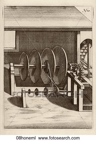 Antique Illustration (copper engraving) of a Seventeenth Century Water-Powered Honing-Mill for Sharpening and/or Polishing., 1662 View Large Illustration Drawing - Antique Illustration (copper engraving) of a Seventeenth Century Water-Powered Honing-Mill for Sharpening and/or Polishing., 1662. Fotosearch