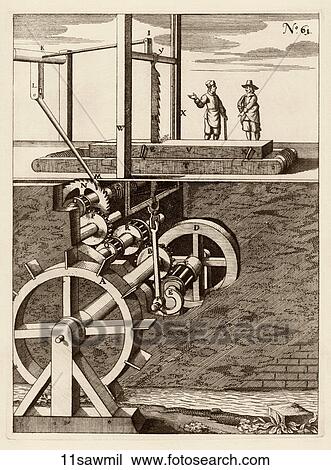 Antique Illustration (copper engraving) of a Seventeenth Century Saw-Mill which uses Water Power., 1662 View Large Illustration Drawing - Antique Illustration (copper engraving) of a Seventeenth Century Saw-Mill which uses Water Power., 1662. Fotosearch