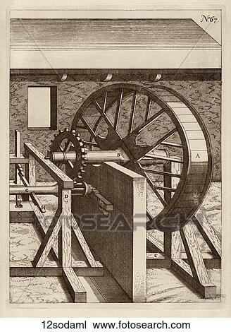Drawing - Antique Illustration (copper engraving) of a Seventeenth Century Soda-Mill, run by human foot power in the absence of water., 1662. Fotosearch