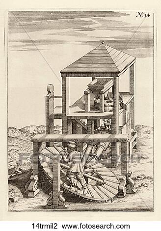 Antique Illustration (copper engraving) of a Seventeenth Century Tread-Mill.,1662 View Large Illustration Drawing - Antique Illustration (copper engraving) of a Seventeenth Century Tread-Mill.,1662. Fotosearch
