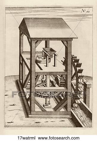 Antique Illustration (copper engraving) of a Seventeenth Century Water-Mill, 1662 View Large Illustration Drawing - Antique Illustration (copper engraving) of a Seventeenth Century Water-Mill, 1662. Fotosearch