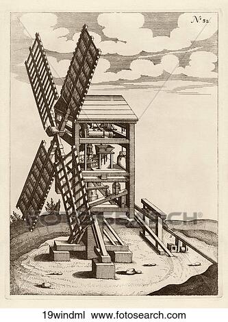 Antique Illustration (copper engraving) of a Windmill and Grain Mill with Hopper, 1662 View Large Illustration Drawing - Antique Illustration (copper engraving) of a Windmill and Grain Mill with Hopper, 1662. Fotosearch