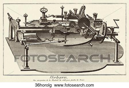Antique Illustration (copper engraving) of a Machine used in Watchmaking for Cleaving Wheels., c. 1770 View Large Illustration Drawing - Antique Illustration (copper engraving) of a Machine used in Watchmaking for Cleaving Wheels., c. 1770. Fotosearch