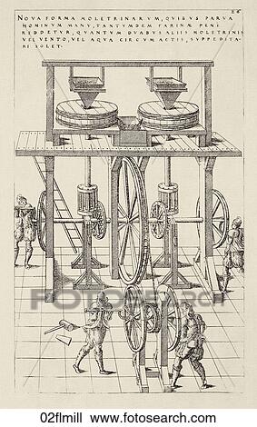 Antique Illustration of a Sixteenth Century Method for Milling Wheat Flour using the power of a few men, instead of wind or water power., 1578 View Large Illustration Drawing - Antique Illustration of a Sixteenth Century Method for Milling Wheat Flour using the power of a few men, instead of wind or water power., 1578. Fotosearch