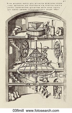 Antique Illustration of a Sixteenth Century Method for Milling Wheat Flour using the power of a few men, instead of wind or water power., Jacques Besson, 1578 View Large Illustration Drawing - Antique Illustration of a Sixteenth Century Method for Milling Wheat Flour using the power of a few men, instead of wind or water power., Jacques Besson, 1578. Fotosearch