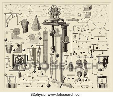 Clipart - Antique Illustration (steel engraving) showing instruments of Physics and Meteorology featuring pulleys, pendulums and levers., 1857.. Fotosearch