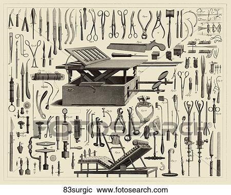 Clipart - Antique Illustration (steel engraving) of various surgical instruments., 1857.. Fotosearch