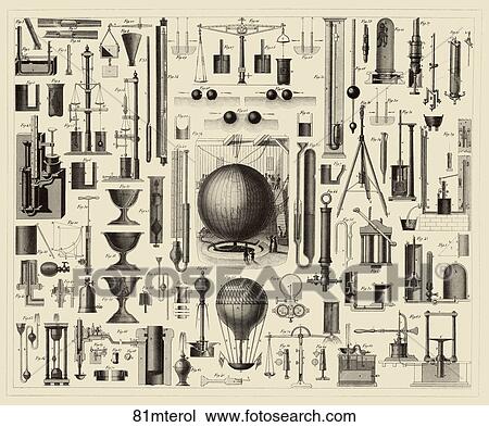 Antique Illustration (steel engraving) showing apparatus pertaining to Physics and Meteorology featuring barometers, air-pumps, and various balloons., 1857. View Large Illustration Drawing - Antique Illustration (steel engraving) showing apparatus pertaining to Physics and Meteorology featuring barometers, air-pumps, and various balloons., 1857.. Fotosearch