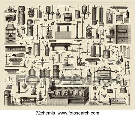 Stock Illustration - Antique Illustration (steel engraving) of instruments pertaining to Chemistry, Minerology and Geology showing various substance analyzing apparatus and tubes., 1857.. Fotosearch