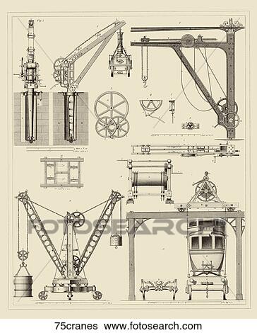 Stock Illustration - Antique Illustration (steel engraving) showing the construction of windlasses and cranes., 1857.. Fotosearch