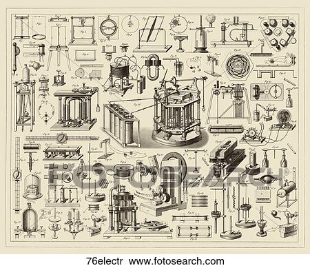 Antique Illustration (steel engraving) showing instruments of Physics and Meteorology featuring electric current apparatus, electro-magnetic machines and magno-electric devices., 1857. View Large Illustration Stock Illustration - Antique Illustration (steel engraving) showing instruments of Physics and Meteorology featuring electric current apparatus, electro-magnetic machines and magno-electric devices., 1857.. Fotosearch