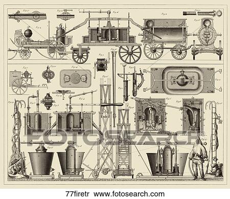 Antique Illustration (steel engraving) showing the basic construction of a Fire Engine., 1857. View Large Illustration Stock Illustration - Antique Illustration (steel engraving) showing the basic construction of a Fire Engine., 1857.. Fotosearch