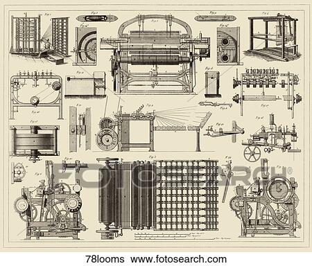 Stock Illustration - Antique Illustration (steel engraving) of looms and spools., 1857.. Fotosearch
