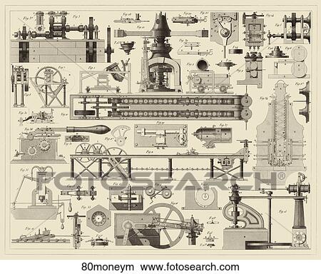 Stock Illustration - Antique Illustration (steel engraving) showing currency production machinery., 1857.. Fotosearch