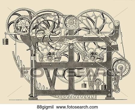 Antique Illustration (wood engraving) of a Gig Mill for Teaseling Wool Cloth., 1862 View Large Illustration Drawing - Antique Illustration (wood engraving) of a Gig Mill for Teaseling Wool Cloth., 1862. Fotosearch