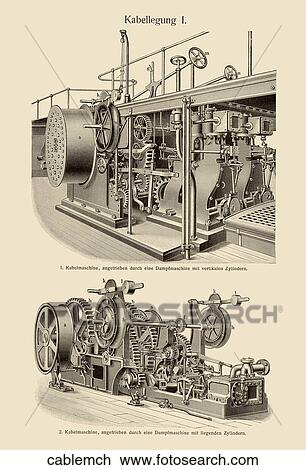 Drawing - Antique Illustration (wood engraving) showing cable machines powered by steam.. Fotosearch