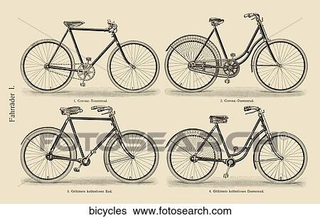 Stock Illustration - Antique Illustration (wood engraving) of four bicycles.. Fotosearch