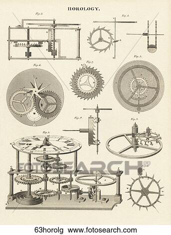 Drawing - Antique Scientific Illustration (copper engraving) depicting the Construction of Time Measuring Instruments., c. 1790. Fotosearch