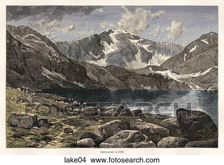 アンティークなイラスト Hand 有色人種 木 Engraving の A 光景 の A 湖 で 山 Chicago Lake Location 岩が多い 山 中に Colorado イラスト Lake04 Fotosearch