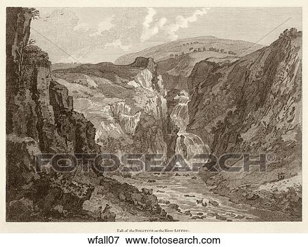 Stock Illustration - Antique Engraving of a Canyon View with a Waterfall, "Falls of the Polufuca on the River Liffey" (Location: Ireland) . Fotosearch