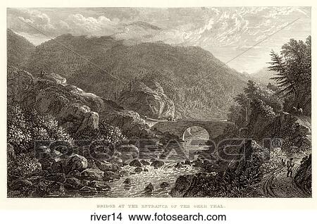 Stock Illustration - Antique Engraving) of a River with Bridge, "Bridge at the Entrance of the Oker Thal" . Fotosearch