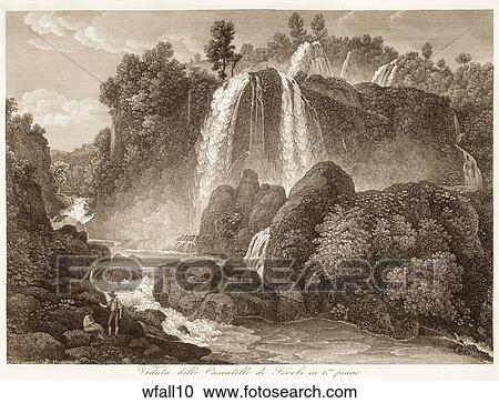 Antique Engraving of a View of a Waterfall and Stream, "Veduta delle Cascatelle di Tivoli", (Location: Italy) View Large Illustration Clipart - Antique Engraving of a View of a Waterfall and Stream, "Veduta delle Cascatelle di Tivoli", (Location: Italy) . Fotosearch