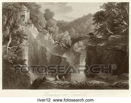 Antique Engraving of a View of a River and Canyon with Bridge, "Hermitage at Dunkeld" (Location: Scotland) View Large Illustration Drawing - Antique Engraving of a View of a River and Canyon with Bridge, "Hermitage at Dunkeld" (Location: Scotland) . Fotosearch