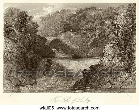 Stock Illustration - Antique Engraving of a View of a Waterfall, "The Falls of Lochy" (Location: Scotland) . Fotosearch