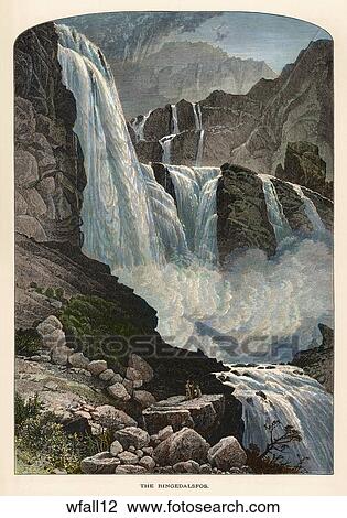 Antique Hand-Tinted Wood Engraving of a View of a Waterfall, "The Ringedalsfos" View Large Illustration Drawing - Antique Hand-Tinted Wood Engraving of a View of a Waterfall, "The Ringedalsfos" . Fotosearch