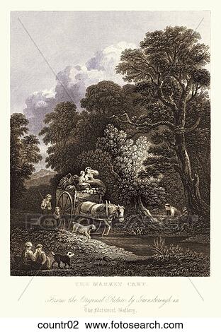 Antique Illustration (copper engraving) of a Wooded Scene with a Horse-Drawn Cart, "The Market Cart" View Large Illustration Drawing - Antique Illustration (copper engraving) of a Wooded Scene with a Horse-Drawn Cart, "The Market Cart" . Fotosearch