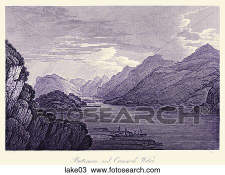 Drawing - Antique Illustration (copper engraving) of a View of a Lake, "Buttermere and Crommoch Water" (Location: Wales) . Fotosearch