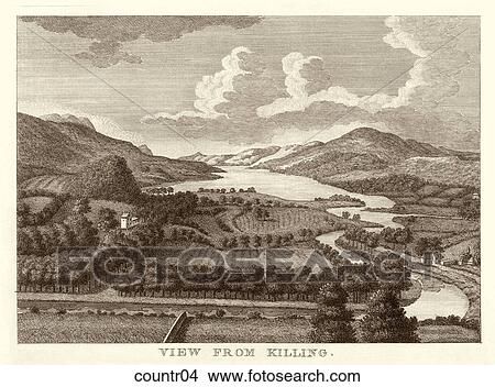 Antique Illustration (copper engraving) of a Country Vista with Orchards, "View from Killing" (Location: Ireland) View Large Illustration Stock Illustration - Antique Illustration (copper engraving) of a Country Vista with Orchards, "View from Killing" (Location: Ireland) . Fotosearch