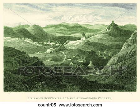 Antique Illustration (copper engraving) of a Hilltop View of a Country Village, "A View of Schemnitz and the Surrounding Country View Large Illustration Stock Illustration - Antique Illustration (copper engraving) of a Hilltop View of a Country Village, "A View of Schemnitz and the Surrounding Country . Fotosearch