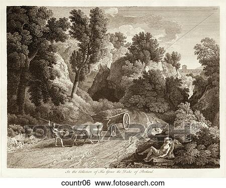 Stock Illustration - Antique Illustration (copper engraving) of a Country Road with Ox Cart., after Poussin. Fotosearch