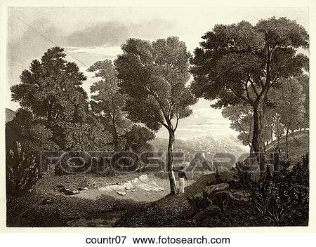 Stock Illustration - Antique Illustration (copper engraving) of a View of a Valley. Fotosearch