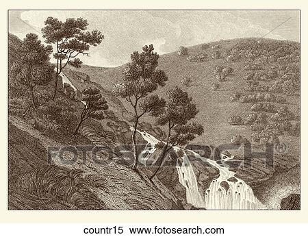 Stock Illustration - Antique Illustration (copper engraving) of a View of a Waterfall in a Hilly Landscape. . Fotosearch