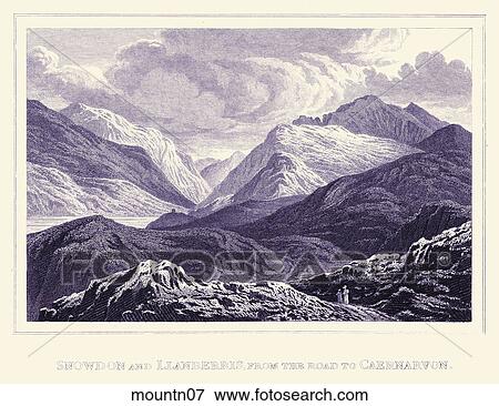 Antique Illustration (copper engraving) of a View of Snow-Capped Mountains, "Snowdon and Llanberris, from the road to Caernarvon" (in Wales) View Large Illustration Stock Illustration - Antique Illustration (copper engraving) of a View of Snow-Capped Mountains, "Snowdon and Llanberris, from the road to Caernarvon" (in Wales) . Fotosearch