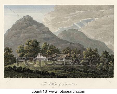Antique Illustration (hand colored engraving) of a Pastoral Scene with Cottages, "The Village of Lonswater" View Large Illustration Drawing - Antique Illustration (hand colored engraving) of a Pastoral Scene with Cottages, "The Village of Lonswater". Fotosearch