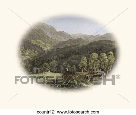 Drawing - Antique Illustration (hand tinted engraving) of a Pastoral View, "Scene on the Garry" (partial) (Location: Scotland). Fotosearch