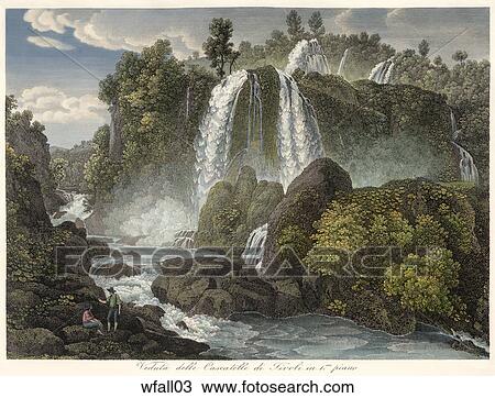 Drawing - Antique Illustration (hand-tinted engraving) of a View of a Waterfall and Stream, "Veduta delle Cascatelle di Tivoli", (Location: Italy) . Fotosearch