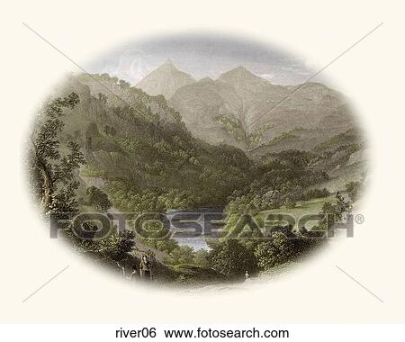 Stock Illustration - Antique Illustration (hand-tinted engraving) of a Vignette View of a River in a Hilly Landscape, "Scene on the Tummel" (Location: Scotland) . Fotosearch