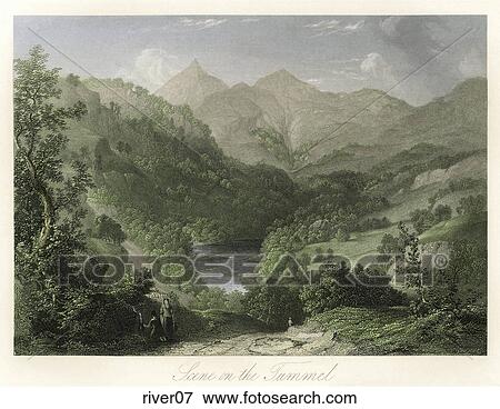 Stock Illustration - Antique Illustration (hand-tinted engraving) of a River in a Hilly Landscape, "Scene on the Tummel" (Location: Scotland) . Fotosearch
