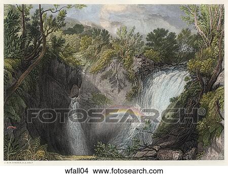 Antique Illustration (hand-tinted engraving) of a View of a Waterfall with Rainbow. View Large Illustration Stock Illustration - Antique Illustration (hand-tinted engraving) of a View of a Waterfall with Rainbow. . Fotosearch
