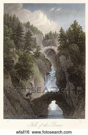 Antique Illustration (Hand-Tinted Engraving) of a Canyon View with a Waterfall and Stone Bridge, "Falls of the Bruar" (Location: Scotland) View Large Illustration Stock Illustration - Antique Illustration (Hand-Tinted Engraving) of a Canyon View with a Waterfall and Stone Bridge, "Falls of the Bruar" (Location: Scotland) . Fotosearch