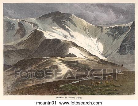 Clip Art - Antique Illustration (hand tinted wood engraving) of a Snow-Capped Mountain Range, "Summit of Grey's Peak" (Location: Rocky Mountains in Colorado) . Fotosearch