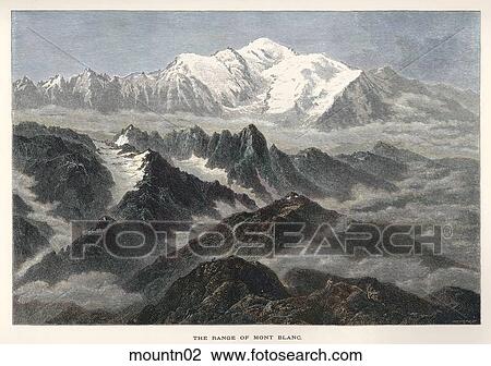 Drawing - Antique Illustration (hand tinted wood engraving) of a Snow-Capped Mountain Range, "The Range of Mont Blanc" (Location: The Alps, on the border of France and Italy) . Fotosearch